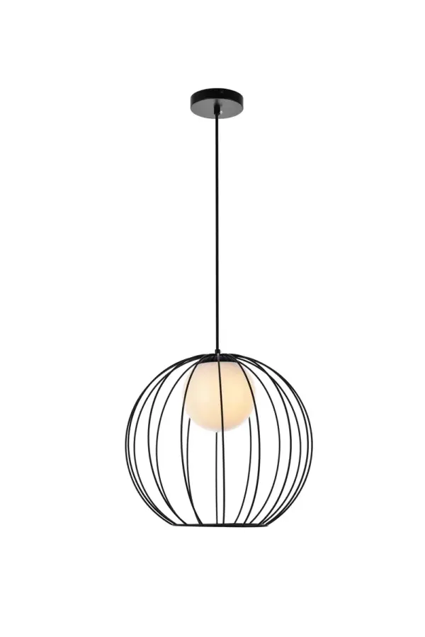 The Wetzel Collection pendant light will have your guests admiring your sense of style with the beautiful simplicity of its shape and form. The globe shaped cage is both minimal enough to not take away from your style in large rooms, and stylish enough to add character in smaller spaces. Available in a brass or black finish, enhance any space with this collection. This product is dimmable and requires one E26 lamp. Light bulbs not included. Collection: Wetzel Rooms: Dining room, Living room, Bedroom, Bathroom, Entry Way, Closet Finish: Black and White Glass: White Width: 15.70" Height: 14.90" Length: 15.70" Weight: 4.00 lb Chain: 59`` Wire: 59" Black Canopy: 4.7"x1"x4.7" Number of Bulbs: 1 Maximum Wattage: 40.00 W Bulb Type: E26 Bulb Base: E26 Dimmable Voltage: 110.00 V Material: Iron and Glass Country of Origin: China Safety Listing: ETL Safety Rating: Damp Title 20 Title 24 Manufacturer Warranty: 1 year limited Spec Sheet