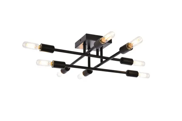 The Script collection flush mount light is an excellent piece to add to your space. The unique shape will stand out as it lights up the room. Available in a black, brass, or chrome finish this will add style to your living room, foyer, or kitchen.This product is dimmable and requires eight E12 lamps. Light bulbs not included. Collection: Script Rooms: Dining room, Living room, Bedroom, Bathroom, Entry Way, Closet Finish: Black Width: 19.10" Height: 5.10" Length: 19.10" Weight: 2.00 lb Wire: 11" Black and White Canopy: 4.7"x1"x4.7" Number of Bulbs: 8 Maximum Wattage: 40.00 W Bulb Type: E12 Bulb Base: E12 Dimmable Voltage: 110.00 V Material: Iron Country of Origin: China Safety Listing: ETL Safety Rating: Damp Title 20 Title 24 Manufacturer Warranty: 1 year limited Spec Sheet