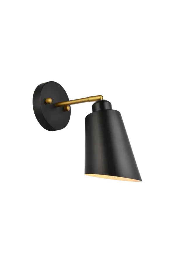 Illuminate your space with the brilliance of the Halycon Collection wall sconce. The cone dome creates a unique lighting and includes a dimmable feature that creates a calm mood. Available in a black and/or brass finish, this minimalistic piece will fit perfectly into your living room or bedroom. This product comes in a five or six inch length and requires one E26 socket. Light bulbs not included. Collection: Halycon Rooms: Dining room, Living room, Bedroom, Bathroom, Entry Way, Closet Finish: Black and Brass Glass: Black and Brass Width: 8.60" Height: 10.60" Length: 5.00" Weight: 2.00 lb Extension from Wall: 8.60" Wire: 11" Black and White Canopy: 4.7"x1" Number of Bulbs: 1 Maximum Wattage: 40.00 W Bulb Type: E26 Bulb Base: E26 Dimmable Voltage: 110.00 V Material: Iron Country of Origin: China Safety Listing: ETL Safety Rating: Damp Title 20 Title 24 Manufacturer Warranty: 1 year limited Spec Sheet