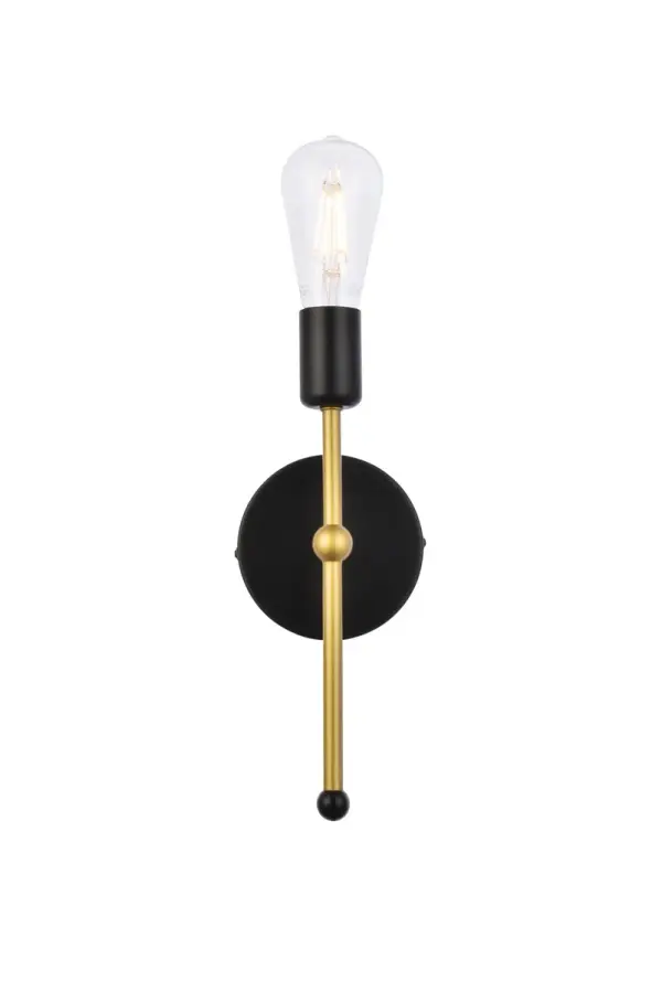 Although small the Keely Collection wall sconce will be sure to pop in any room. It's linear shape creates a modern torch-like look. Available in black, brass, or chrome finish this piece will bring a unique look to your space. This fixture includes a dimmable feature and requires one E26 socket. Light bulbs not included. Collection: Keely Rooms: Dining room, Living room, Bedroom, Bathroom, Entry Way, Closet Finish: Black and Brass Width: 3.70" Height: 12.20" Length: 4.70" Weight: 1.00 lb Extension from Wall: 3.70" Wire: 11" Black and White Canopy: 4.7"x1" Number of Bulbs: 1 Maximum Wattage: 40.00 W Bulb Type: E26 Bulb Base: E26 Dimmable Voltage: 110.00 V Material: Iron Country of Origin: China Safety Listing: ETL Safety Rating: Damp Title 20 Title 24 Manufacturer Warranty: 1 year limited Spec Sheet