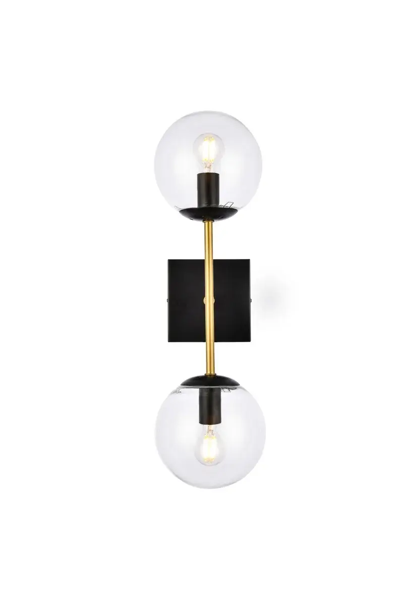 Neri Two Light Wall Sconce in Black and Brass with Clear Glass
