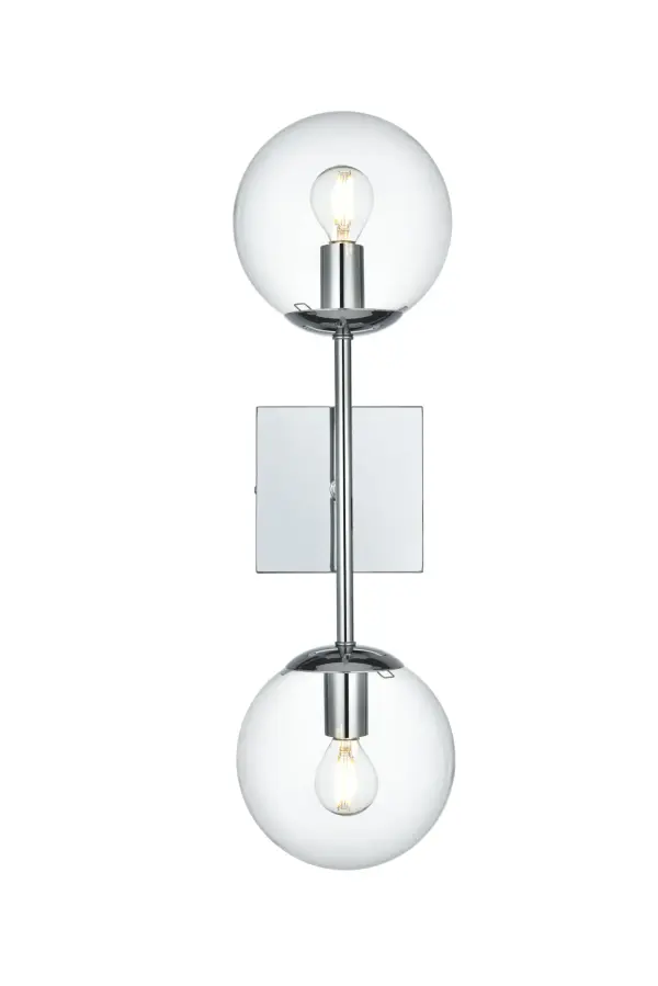 Dimensions
Length: 6"
Width: 6"
Height: 20"
Extension: 7"
Wire Length: 11"
Specifications
Assembly Required: No
Bulb Included: Not Included
Dimmable: Yes
Distressed Finish: No
Dry/Wet/Damp: Damp
ETL: YES
Finish (Color): Chrome and Clear
Fixture Material: Iron and Glass
Hardware Finish: Satin Gold
Harware Material: Iron
Max/Nominal Watt: 80W
Number of Lights: 2
Product Type: Vanity Lights
Product Warranty: 1 year limited
Socket Type: E12
UL & ULC Standard: No
Voltage: 110V - 125V
Wattage/Bulb: 40W
Weight: 2
Wire Included: Yes
Shipment type: Small parcel