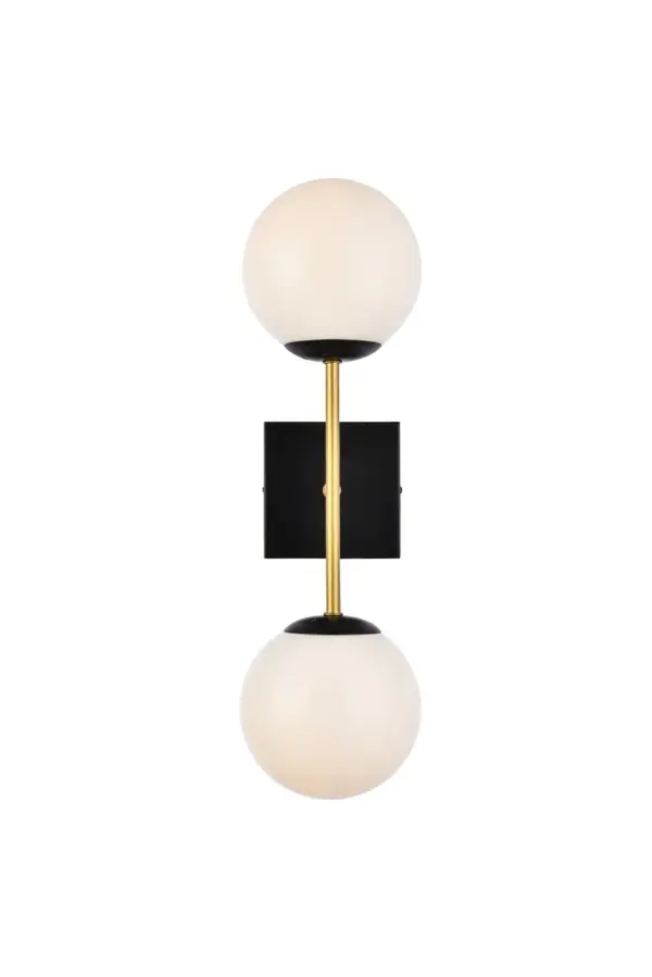 The Neri Collection wall sconce is a distinctive light that will pop in your room. The globe shade and sleek straight arm creates a clean form. The two bulbs allow themselves to brighten up the room in both directions. Available in a black and/or brass finish, and a clear or white shade, let this wall lamp illuminate your room. You can choose whether to have one or two lights. This product is dimmable and requires one or two E12 lamps. Light bulbs not included. Collection: Neri Rooms: Dining room, Living room, Bedroom, Bathroom, Entry Way, Closet Finish: Black and Brass and white Glass: White Width: 6.70" Height: 20.00" Length: 5.90" Weight: 2.00 lb Extension from Wall: 6.70" Wire: 11" Black and White Canopy: 4.7"x4.7"x1" Number of Bulbs: 2 Maximum Wattage: 40.00 W Bulb Type: E12 Bulb Base: E12 Dimmable Voltage: 110.00 V Material: Iron and Glass Country of Origin: China Safety Listing: ETL Safety Rating: Damp Title 20 Title 24 Manufacturer Warranty: 1 year limited Spec Sheet