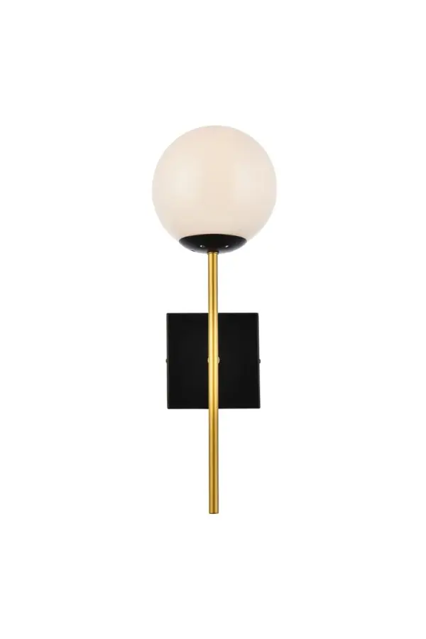 The Neri Collection wall sconce is a distinctive light that will pop in your room. The globe shade and sleek straight arm creates a clean form. The two bulbs allow themselves to brighten up the room in both directions. Available in a black and/or brass finish, and a clear or white shade, let this wall lamp illuminate your room. You can choose whether to have one or two lights. This product is dimmable and requires one or two E12 lamps. Light bulbs not included. Collection: Neri Rooms: Dining room, Living room, Bedroom, Bathroom, Entry Way, Closet Finish: Black and Brass and White Glass: White Width: 6.70" Height: 17.80" Length: 5.90" Weight: 2.00 lb Extension from Wall: 6.70" Wire: 11" Black and White Canopy: 4.7"x4.7"x1" Number of Bulbs: 1 Maximum Wattage: 40.00 W Bulb Type: E12 Bulb Base: E12 Dimmable Voltage: 110.00 V Material: Iron and Glass Country of Origin: China Safety Listing: ETL Safety Rating: Damp Title 20 Title 24 Manufacturer Warranty: 1 year limited Spec Sheet
