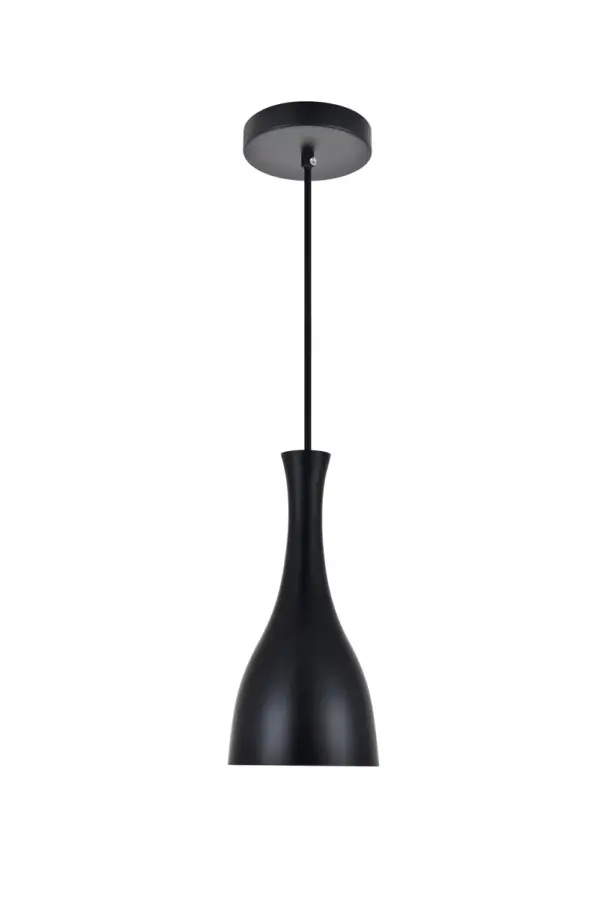 Take a chance on a fresh style with the sleek Aiken collection 1-light pendant lamp in a black exterior/white interior finish. The wine-bottle shaped shade adds a novel and playful personality combined with urbane charm that will surely create an exciting aesthetic in your dining room, living room, or entry way. Collection: Aiken Rooms: living room, dining room, entry way, kitchen, bar Finish: Black Glass: Black Width: 5.50" Height: 11.40" Length: 5.50" Weight: 1.00 lb Chain: 60`` Wire: 60" Black Canopy: 4.7"x1" Number of Bulbs: 1 Maximum Wattage: 40.00 W Bulb Type: Filament Bulb Base: E26 Dimmable Voltage: 110.00 V Material: Aluminum Country of Origin: China Safety Listing: ETL Safety Rating: Dry Title 20 Title 24 Manufacturer Warranty: 1 year limited Spec Sheet