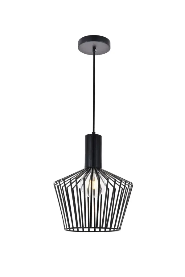 Illumination playfully weaves through the framework of the black finish vase-shaped shade. The lighting's contemporary elegance is complimented by the shadows that dance throughout, creating a stunning visual that will surely amaze all. The perfect pendant for your home, elevate the peaceful modernity of your dining room, living room, or entry way. Collection: Ronnie Rooms: living room, dining room, entry way, kitchen, bar Finish: Black Glass: Black Width: 11.60" Height: 14.30" Length: 11.60" Weight: 4.00 lb Chain: 60`` Wire: 60" Black Canopy: 4.7"x1" Number of Bulbs: 1 Maximum Wattage: 40.00 W Bulb Type: Filament Bulb Base: E26 Dimmable Voltage: 110.00 V Material: Iron Country of Origin: China Safety Listing: ETL Safety Rating: Dry Title 20 Title 24 Manufacturer Warranty: 1 year limited Spec Sheet