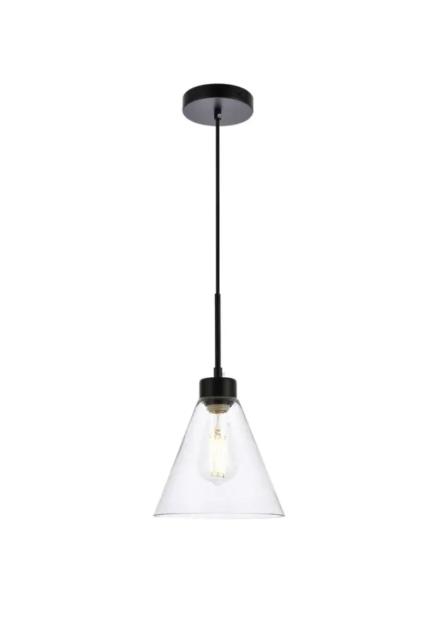 The Mera Collection pendant light is a refined accent piece to have. The cone shaped glass shade and straight cord will fit seamlessly to any room. Available in a black or brass finish this light will illuminate its surrounding. This product is dimmable, requires one E26 socket. Light bulbs not included. Collection: Mera Rooms: Dining room, Living room, Bedroom, Bathroom, Entry Way, Closet Finish: Black and Clear Glass: Clear Width: 7.90" Height: 9.10" Length: 7.90" Weight: 2.00 lb Chain: 59`` Wire: 59" Black Canopy: 4.7"x1" Number of Bulbs: 1 Maximum Wattage: 40.00 W Bulb Type: E26 Bulb Base: E26 Dimmable Voltage: 110.00 V Material: Iron & Glass Country of Origin: China Safety Listing: ETL Safety Rating: Damp Title 20 Title 24 Manufacturer Warranty: 1 year limited Spec Sheet