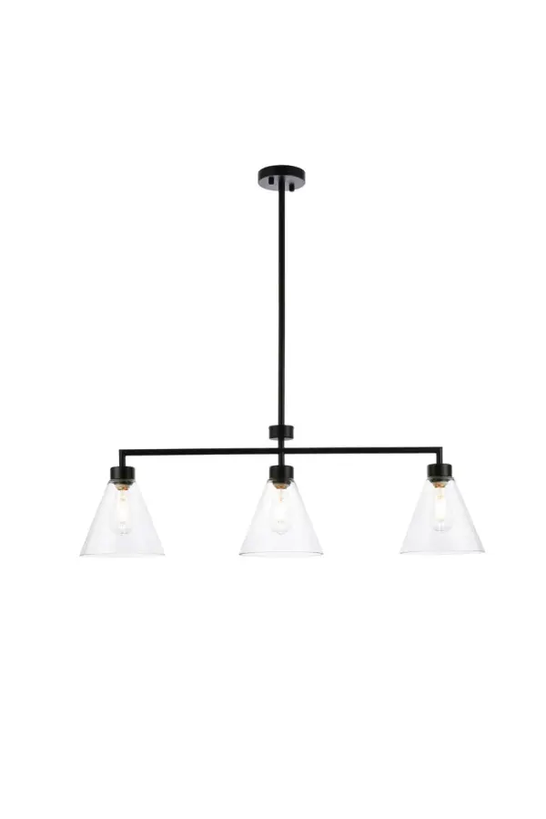 The Mera Collection pendant light is a refined accent piece to have. The cone shaped glass shade and straight cord will fit seamlessly to any room. Available in a black or brass finish this light will illuminate its surrounding. This product is dimmable, requires three E26 socket. Light bulbs not included. Perfect to illuminate over your kitchen island. Collection: Mera Rooms: Dining room, Living room, Bedroom, Bathroom, Entry Way, Closet Finish: Black and Clear Glass: Clear Width: 7.90" Height: 11.90" Length: 38.00" Weight: 8.00 lb Chain: 46`` Wire: 59" Black Rod: L6"+L12"+L12"+L16" Canopy: 4.7"x1" Number of Bulbs: 3 Maximum Wattage: 40.00 W Bulb Type: E26 Bulb Base: E26 Dimmable Voltage: 110.00 V Material: Iron & Glass Country of Origin: China Safety Listing: ETL Safety Rating: Damp Title 20 Title 24 Manufacturer Warranty: 1 year limited Spec Sheet