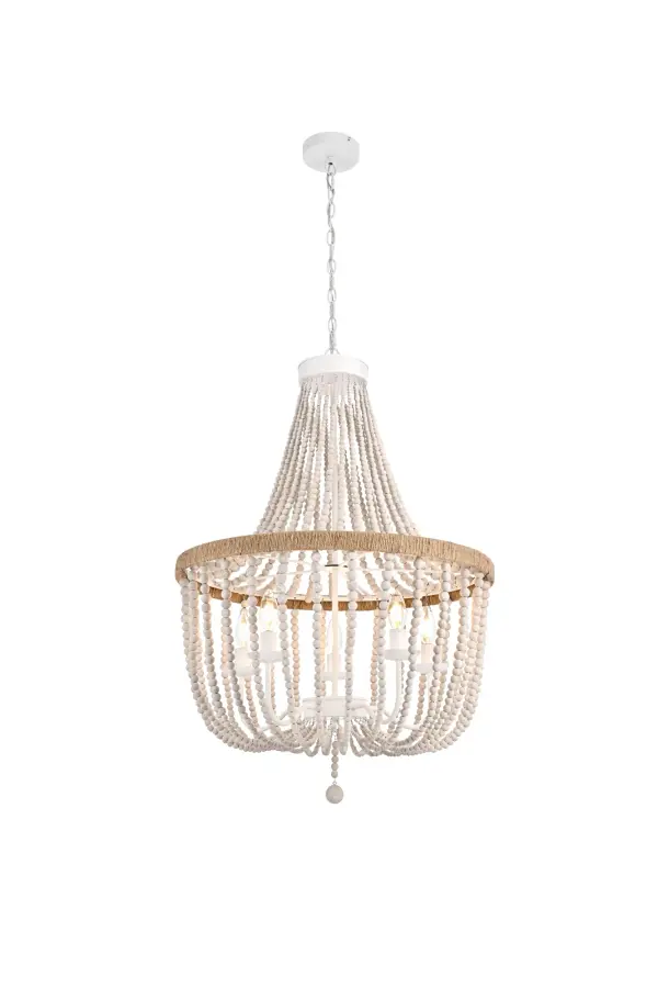 Dimensions
Chain/Rod Length: 39.37"
Length: 24"
Width: 24"
Height: 34"
Maximum Height: 73.37"
Wire Length: 68"
Specifications
Assembly Required: Yes
Bulb Included: No
Bulb Shape: B10
Dimmable: Yes
Distressed Finish: Yes
Dry/Wet/Damp: Dry
ETL: Yes
Finish (Color): Antique White
Fixture Material: Iron, Rope, And Wood
Hanging Device: Chain
Hardware Finish: White
Harware Material: Iron
Max/Nominal Watt: 200W
Number of Lights: 5
Product Shape: Round
Product Type: Pendants
Product Warranty: 1 year limited
Socket Type: E12
UL & ULC Standard: No
Voltage: 110V - 125V
Wattage/Bulb: 40W
16
Wire Included: Yes
Shipment type: Small parcel