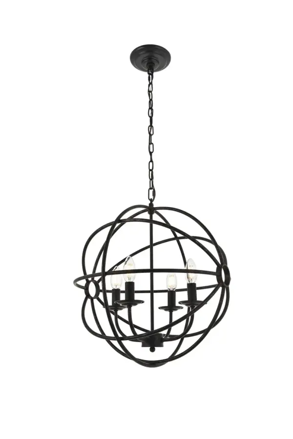 Enjoy the knowledgeable beauty of the Octavia collection pendant lamp in a dark brown finish. The sophistication of the open sphere and the demure quality of the lights blend well together to offer you the best illumination in your home. Its old world aesthetics are made contemporary, and it's waiting to be the brightness in your home--whether it's in the living room, dining room, or study room. Collection: Octavia Rooms: living room, kitchen, office, hallway Finish: dark brown Width: 18.10" Height: 19.20" Length: 18.10" Weight: 7.00 lb Chain: 59"Dark brown Wire: 79" black Canopy: 5.5"x1.2" Number of Bulbs: 4 Maximum Wattage: 40.00 W Bulb Type: B10 Bulb Base: E12 Dimmable Voltage: 110.00 V Material: metal Country of Origin: China Safety Listing: ETL Safety Rating: Dry Title 20 Title 24 Manufacturer Warranty: 1 year limited Spec Sheet