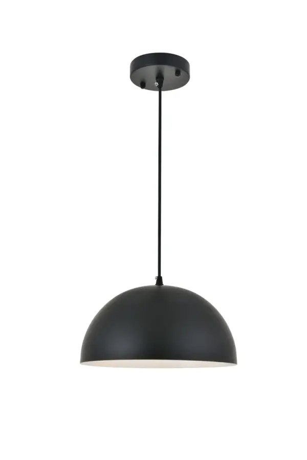 The Forte collection pendant lamp will surely create a modern and bold center point for any room. The hemispherical shade with a black finish exterior and white finish interior creates a dauntless personality that will illuminate any darkness with its reliable light. Without fail, Forte will excel at brightening your home, whether it's at your entryway, living room, or dining room. Collection: Forte Rooms: living room, kitchen, office, hallway Finish: black Glass: Outer :Black Inner: White Width: 11.80" Height: 6.70" Length: 11.80" Weight: 3.00 lb Chain: 59`` Wire: 59" black Canopy: 4.7"x1" Number of Bulbs: 1 Maximum Wattage: 40.00 W Bulb Type: E26 Bulb Base: E26 Dimmable Voltage: 110.00 V Material: metal Country of Origin: China Safety Listing: ETL Safety Rating: Dry Title 20 Title 24 Manufacturer Warranty: 1 year limited Spec Sheet