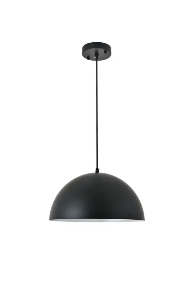 The Forte collection pendant lamp will surely create a modern and bold center point for any room. The hemispherical shade with a black finish exterior and white finish interior creates a dauntless personality that will illuminate any darkness with its reliable light. Without fail, Forte will excel at brightening your home, whether it's at your entryway, living room, or dining room. Collection: Forte Rooms: living room, kitchen, office, hallway Finish: black Glass: Outer :Black Inner: White Width: 13.80" Height: 7.60" Length: 13.80" Weight: 3.00 lb Chain: 59`` Wire: 59" black Canopy: 4.7"x1" Number of Bulbs: 1 Maximum Wattage: 40.00 W Bulb Type: E26 Bulb Base: E26 Dimmable Voltage: 110.00 V Material: metal Country of Origin: China Safety Listing: ETL Safety Rating: Dry Title 20 Title 24 Manufacturer Warranty: 1 year limited Spec Sheet