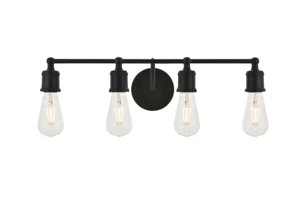 The classical elegance of the Serif collection wall lamp in a black finish brings graceful allure. The arms--reminiscent of a classical font-- supports the 4 lights that emit a reassuring brilliance, and its gentle presence makes it a wonderful fixture to greet your guests at the entry way, illuminate your cabinets in the living room, or shine in the powder room. Collection: Serif Rooms: living room, kitchen, office, hallway Finish: black Width: 22.10" Height: 5.60" Length: 22.10" Weight: 2.00 lb Extension from Wall: 6.20" Wire: 9" black and white Canopy: 4.7``x1`` Number of Bulbs: 4 Maximum Wattage: 40.00 W Bulb Type: ST18 Bulb Base: E26 Dimmable Voltage: 110.00 V Material: metal Country of Origin: China Safety Listing: ETL Safety Rating: Damp Title 20 Title 24 Manufacturer Warranty: 1 year limited