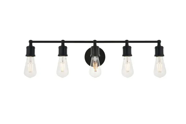 The classical elegance of the Serif collection wall lamp in a black finish brings graceful allure. The arms--reminiscent of a classical font-- supports the 5 lights that emit a reassuring brilliance, and its gentle presence makes it a wonderful fixture to greet your guests at the entry way, illuminate your cabinets in the living room, or shine in the powder room. Collection: Serif Rooms: living room, kitchen, office, hallway Finish: black Width: 28.80" Height: 5.60" Length: 28.80" Weight: 2.00 lb Extension from Wall: 6.20" Wire: 9" black and white Canopy: 4.7``x1`` Number of Bulbs: 5 Maximum Wattage: 40.00 W Bulb Type: ST18 Bulb Base: E26 Dimmable Voltage: 110.00 V Material: metal Country of Origin: China Safety Listing: ETL Safety Rating: Damp Title 20 Title 24 Manufacturer Warranty: 1 year limited