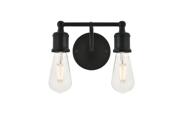 The classical elegance of the Serif collection wall lamp in a black finish brings graceful allure. The arms--reminiscent of a classical font-- supports the 2 lights that emit a reassuring brilliance, and its gentle presence makes it a wonderful fixture to greet your guests at the entry way, illuminate your cabinets in the living room, or shine in the powder room. Collection: Serif Rooms: living room, kitchen, office, hallway Finish: black Width: 8.70" Height: 5.60" Length: 8.70" Weight: 1.50 lb Extension from Wall: 6.20" Wire: 9" black and white Canopy: 4.7``x1`` Number of Bulbs: 2 Maximum Wattage: 40.00 W Bulb Type: ST18 Bulb Base: E26 Dimmable Voltage: 110.00 V Material: metal Country of Origin: China Safety Listing: ETL Safety Rating: Damp Title 20 Title 24 Manufacturer Warranty: 1 year limited