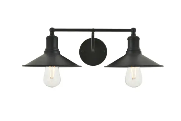 The lilting personality of the Etude wall lamp in a black finish will have you singing for days! Whether the crescent arm catches your attention or its classic lampshade that makes you speechless, this 2-light wall lamp will surely improve the style of any room in your home. Collection: Etude Rooms: living room, kitchen, office, hallway Finish: black Width: 20.90" Height: 5.80" Length: 20.90" Weight: 3.00 lb Extension from Wall: 11.40" Wire: 9" black and white Canopy: 4.7``x1`` Number of Bulbs: 2 Maximum Wattage: 40.00 W Bulb Type: ST18 Bulb Base: E26 Dimmable Voltage: 110.00 V Material: metal Country of Origin: China Safety Listing: ETL Safety Rating: Damp Title 20 Title 24 Manufacturer Warranty: 1 year limited Spec Sheet