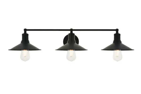 The lilting personality of the Etude wall lamp in a black finish will have you singing for days! Whether the crescent arm catches your attention or its classic lampshade that makes you speechless, this 3-light wall lamp will surely improve the style of any room in your home. Collection: Etude Rooms: living room, kitchen, office, hallway Finish: black Width: 33.10" Height: 5.80" Length: 33.10" Weight: 3.50 lb Extension from Wall: 11.40" Wire: 9" black and white Canopy: 4.7``x1`` Number of Bulbs: 3 Maximum Wattage: 40.00 W Bulb Type: ST18 Bulb Base: E26 Dimmable Voltage: 110.00 V Material: metal Country of Origin: China Safety Listing: ETL Safety Rating: Damp Title 20 Title 24 Manufacturer Warranty: 1 year limited Spec Sheet