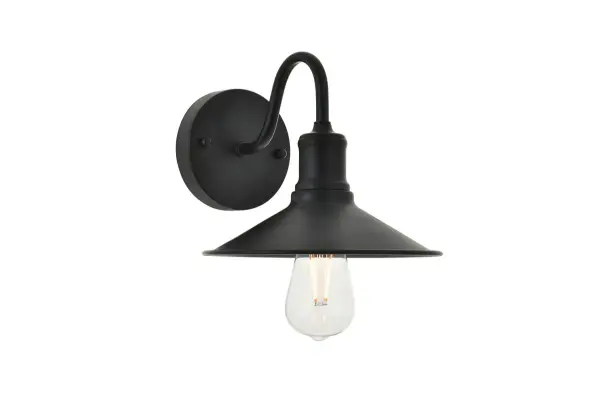 The lilting personality of the Etude wall lamp in a black finish will have you singing for days! Whether the crescent arm catches your attention or its classic lampshade that makes you speechless, this light will surely improve the style of any room in your home. Collection: Etude Rooms: living room, kitchen, office, hallway Finish: black Width: 8.70" Height: 7.70" Length: 8.70" Weight: 1.50 lb Extension from Wall: 10.20" Wire: 9" black and white Canopy: 4.7``x1`` Number of Bulbs: 1 Maximum Wattage: 40.00 W Bulb Type: ST18 Bulb Base: E26 Dimmable Voltage: 110.00 V Material: metal Country of Origin: China Safety Listing: ETL Safety Rating: Damp Title 20 Title 24 Manufacturer Warranty: 1 year limited Spec Sheet