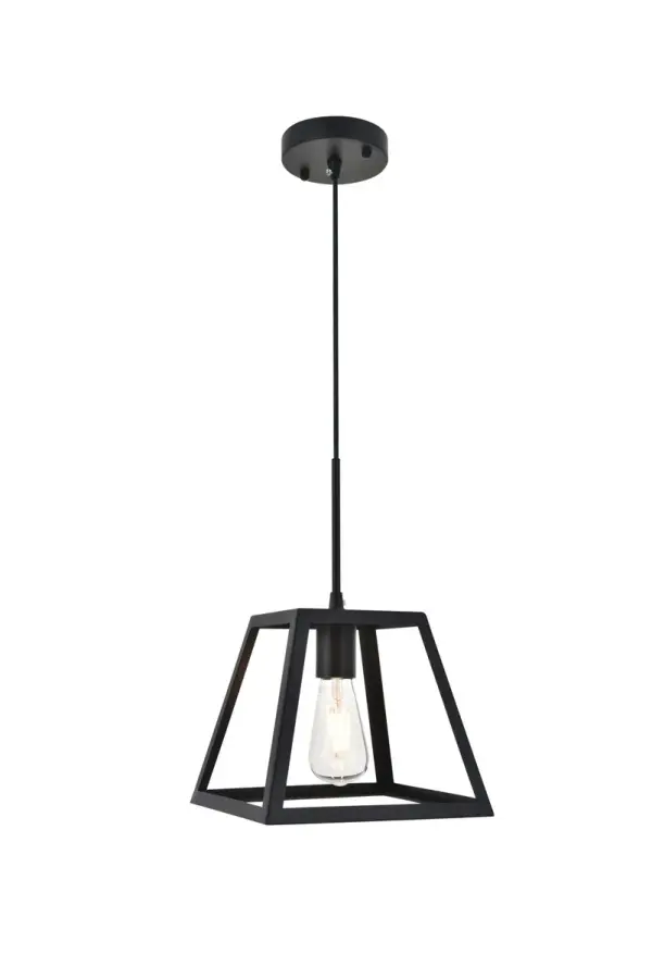 Never underestimate the determintd Resolute collection of pendant lamp in a black finish. Its sturdy yet open trapezoid frame gives it a powerful presence that can do well in any modern and contemporary home. This pendant will shine brightly anywhere in your home, whether it's in your living room or dining room. Collection: Resolute Rooms: living room, kitchen, office, hallway Finish: black Width: 9.40" Height: 8.70" Length: 9.40" Weight: 2.00 lb Chain: 59`` Wire: black Canopy: 4.7"x1" Number of Bulbs: 1 Maximum Wattage: 40.00 W Bulb Type: E26 Bulb Base: E26 Dimmable Voltage: 110.00 V Material: metal Country of Origin: China Safety Listing: ETL Safety Rating: Dry Title 20 Title 24 Manufacturer Warranty: 1 year limited