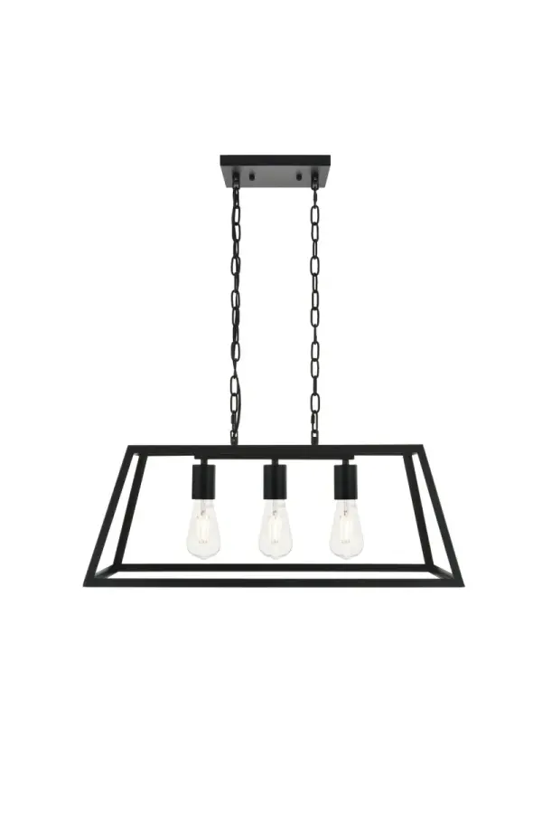 Never underestimate the determintd Resolute collection of pendant lamp in a black finish. Its sturdy yet open trapezoid frame gives it a powerful presence that can do well in any modern and contemporary home. This pendant will shine brightly anywhere in your home, whether it's in your living room or dining room. Collection: Resolute Rooms: living room, kitchen, office, hallway Finish: black Width: 11.00" Height: 10.80" Length: 25.20" Weight: 7.00 lb Chain: 59"black Wire: 59" black Canopy: 4.7"x0.8"x7.9" Number of Bulbs: 3 Maximum Wattage: 40.00 W Bulb Type: E26 Bulb Base: E26 Dimmable Voltage: 110.00 V Material: metal Country of Origin: China Safety Listing: ETL Safety Rating: Dry Title 20 Title 24 Manufacturer Warranty: 1 year limited
