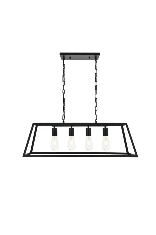 Never underestimate the determintd Resolute collection of pendant lamp in a black finish. Its sturdy yet open trapezoid frame gives it a powerful presence that can do well in any modern and contemporary home. This pendant will shine brightly anywhere in your home, whether it's in your living room or dining room. Collection: Resolute Rooms: living room, kitchen, office, hallway Finish: black Width: 11.00" Height: 10.80" Length: 32.00" Weight: 8.00 lb Chain: 59"black Wire: 79" black Canopy: 4.7"x0.8"x11.8" Number of Bulbs: 4 Maximum Wattage: 40.00 W Bulb Type: E26 Bulb Base: E26 Dimmable Voltage: 110.00 V Material: metal Country of Origin: China Safety Listing: ETL Safety Rating: Dry Title 20 Title 24 Manufacturer Warranty: 1 year limited