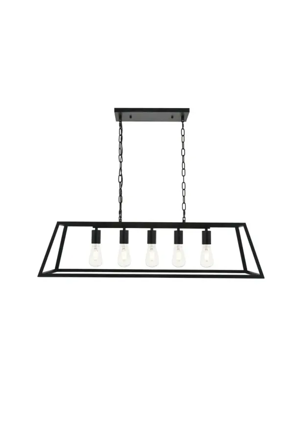 Never underestimate the determintd Resolute collection of pendant lamp in a black finish. Its sturdy yet open trapezoid frame gives it a powerful presence that can do well in any modern and contemporary home. This pendant will shine brightly anywhere in your home, whether it's in your living room or dining room. Collection: Resolute Rooms: living room, kitchen, office, hallway Finish: black Width: 11.00" Height: 10.80" Length: 38.20" Weight: 8.00 lb Chain: 59"black Wire: 79" black Canopy: 4.7"x0.8"x13.8" Number of Bulbs: 5 Maximum Wattage: 40.00 W Bulb Type: E26 Bulb Base: E26 Dimmable Voltage: 110.00 V Material: metal Country of Origin: China Safety Listing: ETL Safety Rating: Dry Title 20 Title 24 Manufacturer Warranty: 1 year limited