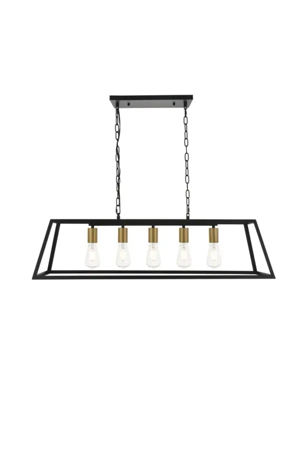 Never underestimate the determintd Resolute collection of pendant lamp in a brass and black finish. Its sturdy yet open trapezoid frame gives it a powerful presence that can do well in any modern and contemporary home. This pendant will shine brightly anywhere in your home, whether it's in your living room or dining room. Collection: Resolute Rooms: living room, kitchen, office, hallway Finish: brass and black Width: 11.00" Height: 10.80" Length: 38.20" Weight: 8.00 lb Chain: 59"black Wire: 79" black Canopy: 4.7"x0.8"x13.8" Number of Bulbs: 5 Maximum Wattage: 40.00 W Bulb Type: E26 Bulb Base: E26 Dimmable Voltage: 110.00 V Material: metal Country of Origin: China Safety Listing: ETL Safety Rating: Dry Title 20 Title 24 Manufacturer Warranty: 1 year limited