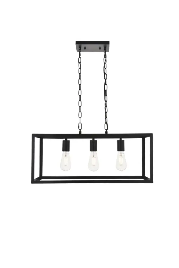 Never underestimate the determintd Resolute collection of pendant lamp in a black finish. Its sturdy yet open rectangle frame gives it a powerful presence that can do well in any modern and contemporary home. This pendant will shine brightly anywhere in your home, whether it's in your living room or dining room. Collection: Resolute Rooms: living room, kitchen, office, hallway Finish: black Width: 9.40" Height: 11.60" Length: 25.20" Weight: 6.00 lb Chain: 59"black Wire: 59" black Canopy: 4.7"x0.8"x7.9" Number of Bulbs: 3 Maximum Wattage: 40.00 W Bulb Type: E26 Bulb Base: E26 Dimmable Voltage: 110.00 V Material: metal Country of Origin: China Safety Listing: ETL Safety Rating: Dry Title 20 Title 24 Manufacturer Warranty: 1 year limited