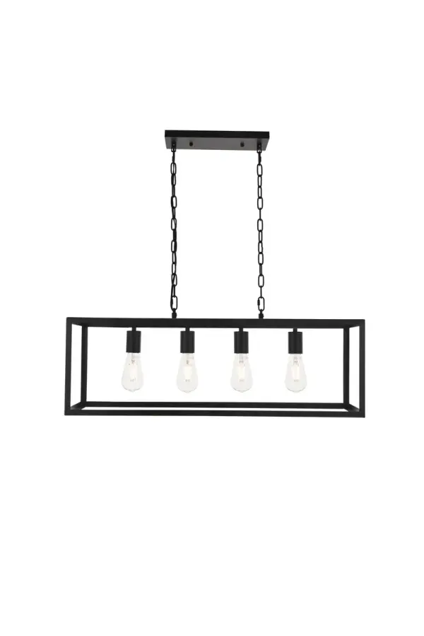Never underestimate the determintd Resolute collection of pendant lamp in a black finish. Its sturdy yet open rectangle frame gives it a powerful presence that can do well in any modern and contemporary home. This pendant will shine brightly anywhere in your home, whether it's in your living room or dining room. Collection: Resolute Rooms: living room, kitchen, office, hallway Finish: black Width: 9.40" Height: 11.60" Length: 32.00" Weight: 7.00 lb Chain: 59"black Wire: 79" black Canopy: 4.7"x0.8"x11.8" Number of Bulbs: 4 Maximum Wattage: 40.00 W Bulb Type: E26 Bulb Base: E26 Dimmable Voltage: 110.00 V Material: metal Country of Origin: China Safety Listing: ETL Safety Rating: Dry Title 20 Title 24 Manufacturer Warranty: 1 year limited