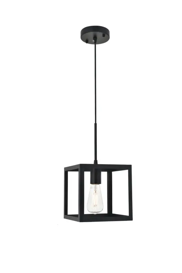 Never underestimate the determintd Resolute collection of pendant lamp in a black finish. Its sturdy yet open cube frame gives it a powerful presence that can do well in any modern and contemporary home. This pendant will shine brightly anywhere in your home, whether it's in your living room or dining room. Collection: Resolute Rooms: living room, kitchen, office, hallway Finish: black Width: 7.90" Height: 8.70" Length: 7.90" Weight: 2.00 lb Chain: 59`` Wire: black Canopy: 4.7"x1" Number of Bulbs: 1 Maximum Wattage: 40.00 W Bulb Type: E26 Bulb Base: E26 Dimmable Voltage: 110.00 V Material: metal Country of Origin: China Safety Listing: ETL Safety Rating: Dry Title 20 Title 24 Manufacturer Warranty: 1 year limited