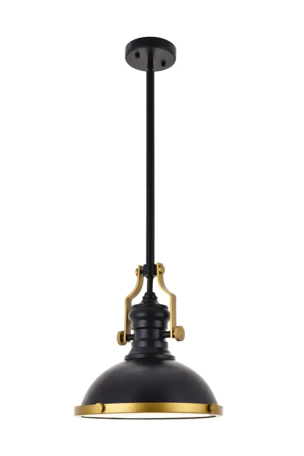 Eamon collection hanging fixtures will illuminate your workspace in a kitchen, office, studio, or workshop with Victorian vibes. An Iron frame with rounded mounting fixture features a hemispherical shade in a two-toned matte black and brass finish. The yoked joint and bolted pin assembly adds intricacy and emphasizes the vintage charm of this versatile design. Collection: Eamon Rooms: living room, dining room, entry way, kitchen, bar Finish: Matte black Glass: Black Width: 13.00" Height: 13.30" Length: 13.00" Weight: 6.00 lb Chain: 65`` Wire: 65" BLACK Rod: L6"+L12"+L12"+L16" Canopy: 4.7"x1" Number of Bulbs: 1 Maximum Wattage: 40.00 W Bulb Type: Filament Bulb Base: E26 Dimmable Voltage: 120.00 V Material: Iron and Glass Country of Origin: China Safety Listing: ETL Safety Rating: Dry Title 20 Title 24 Manufacturer Warranty: 1 year limited Spec Sheet
