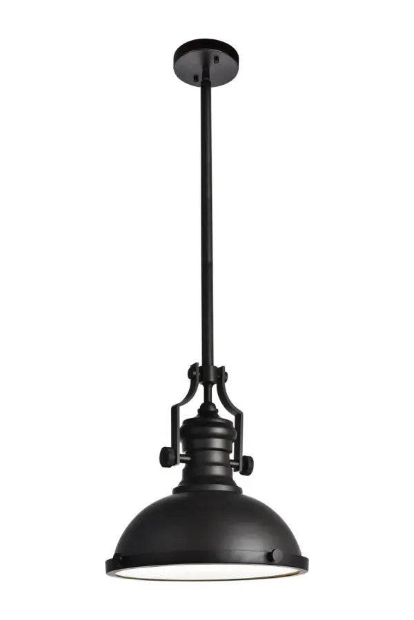 Eamon collection hanging fixtures will illuminate your workspace in a kitchen, office, studio, or workshop with Victorian vibes. An Iron frame with rounded mounting fixture features a hemispherical shade in your choice of oil-rubbed bronze or polished Nickel finish. The yoked joint and bolted pin assembly adds intricacy and emphasizes the vintage charm of this versatile design. Collection: Eamon Rooms: Office, bedroom, kitchen Finish: Oil rubbed bronze Glass: Oil Rubbed Bronze Width: 13.00" Height: 13.30" Length: 13.00" Weight: 6.00 lb Chain: 46`` Wire: 65" Black Rod: L6"+L12"+L12"+L16" Canopy: 4.7"x1" Number of Bulbs: 1 Maximum Wattage: 40.00 W Bulb Type: Filament Bulb Base: E26 Medium Dimmable Voltage: 110.00 V Material: Iron Country of Origin: China Safety Listing: ETL Safety Rating: Dry Title 20 Title 24 Manufacturer Warranty: 1 year limited Spec Sheet