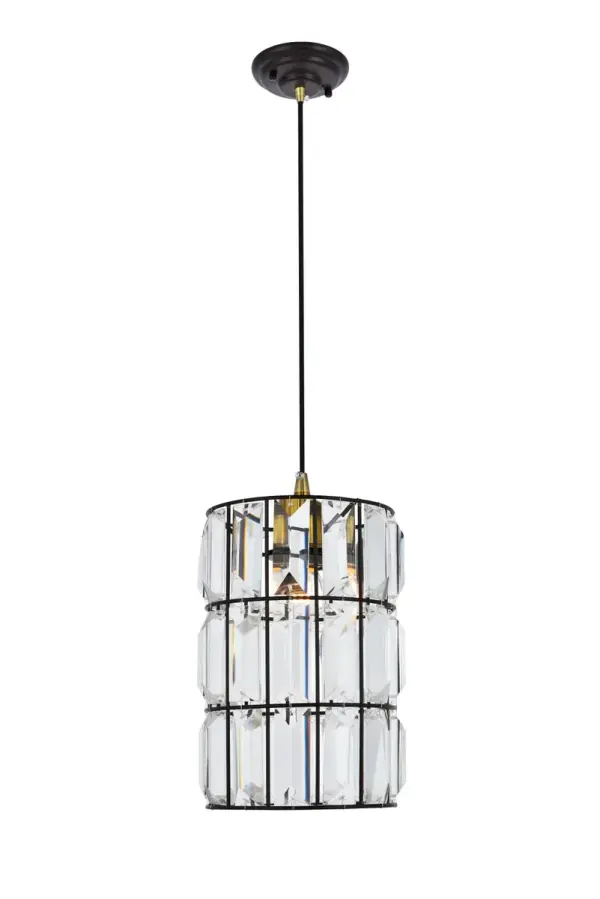 The Blair collection brings magnificent contemporary elegance to your living room, dining room, bedroom, or foyer. This pendent lamp is set in a cylindrical, Iron frame with an oil-rubbed bronze finish. The open, cage-like design forms three rows of rectangular spaces adorned with large, clear royal-cut baguette Crystals that gracefully refract light while drawing the eye to their organic beauty. Collection: Blair Rooms: Office, bedroom, kitchen, bathroom Finish: Oil rubbed bronze Glass: Oil Rubbed Bronze Crystal: CLEAR Width: 7.10" Height: 11.50" Length: 7.10" Weight: 5.00 lb Chain: 59`` Wire: 79" Black Canopy: 5.3"x1.2" Number of Bulbs: 1 Maximum Wattage: 40.00 W Bulb Type: Filament Bulb Base: E26 Medium Dimmable Voltage: 110.00 V Material: Iron and Crystal Country of Origin: China Safety Listing: ETL Safety Rating: Dry Title 20 Title 24 Manufacturer Warranty: 1 year limited Spec Sheet