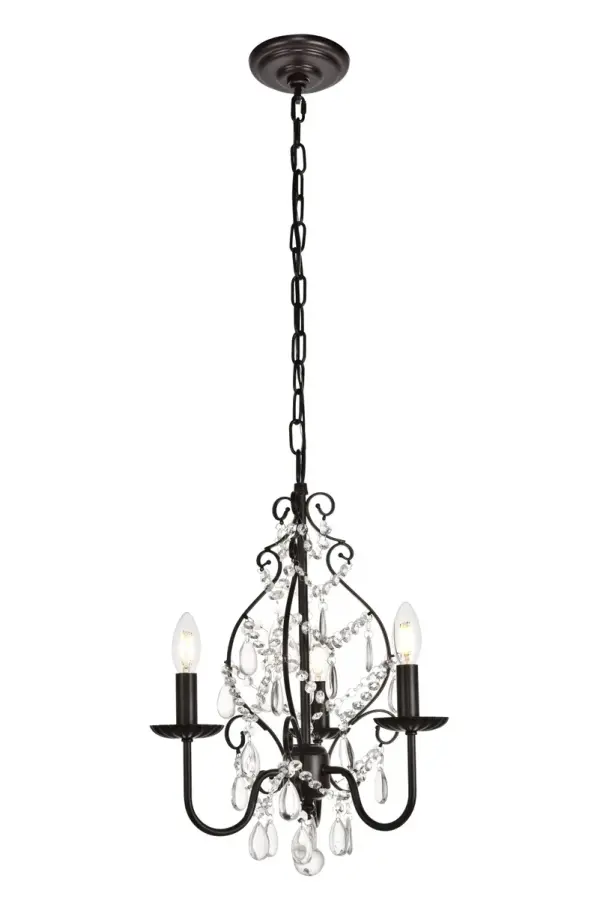 The Blaise collection contrasts the intensity of an oil-rubbed bronze frame with the lovely delicacy of shimmering royal-cut Crystals. Elegant descending branches swoop up to display three to five shimmering lights (Not included) held in rippled bobèches. A flowing festoon of Crystal octagons accented with clear almond-shaped Crystals glimmers at the center of the stylistic scrolled frame. A Crystal drop anchors the light and adds visual interest. The fixture comes in adjustable heights. Collection: BLAISE Rooms: bedroom, kitchen, living room, dining room Finish: Oil rubbed bronze Crystal: CLEAR Width: 15.00" Height: 20.00" Length: 15.00" Weight: 5.00 lb Chain: 59"Oil rubbed bronze Wire: 79" Black Canopy: 5.3"x1.2" Number of Bulbs: 3 Maximum Wattage: 40.00 W Bulb Type: B10 Bulb Base: E12 Dimmable Voltage: 110.00 V Material: Iron and Crystal Country of Origin: China Safety Listing: ETL Safety Rating: Dry Title 20 Title 24 Manufacturer Warranty: 1 year limited Spec Sheet