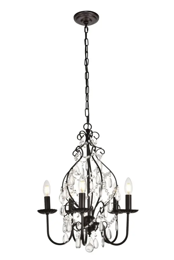 The Blaise collection contrasts the intensity of an oil-rubbed bronze frame with the lovely delicacy of shimmering royal-cut Crystals. Elegant descending branches swoop up to display three to five shimmering lights (Not included) held in rippled bobèches. A flowing festoon of Crystal octagons accented with clear almond-shaped Crystals glimmers at the center of the stylistic scrolled frame. A Crystal drop anchors the light and adds visual interest. The fixture comes in adjustable heights. Collection: BLAISE Rooms: bedroom, kitchen, living room, dining room Finish: Oil rubbed bronze Crystal: CLEAR Width: 17.00" Height: 23.00" Length: 17.00" Weight: 7.00 lb Chain: 59"Oil rubbed bronze Wire: 79" Brown Canopy: 5.3"x1.2" Number of Bulbs: 5 Maximum Wattage: 40.00 W Bulb Type: B10 Bulb Base: E12 Dimmable Voltage: 110.00 V Material: Iron and Crystal Country of Origin: China Safety Listing: ETL Safety Rating: Dry Title 20 Title 24 Manufacturer Warranty: 1 year limited Spec Sheet