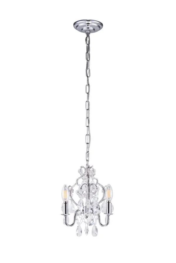 Give into temptation with Karter collection hanging fixtures. A swirling Iron frame in a polished-Black or Chrome finish dangles from a sturdy chain and circular mounting fixture. Strands of corresponding Black or clear round beads coat the internal arms to add a variety of textures, while royal-cut Black or clear teardrop pendants and octagon Crystal strands are placed generously throughout. Flower-shaped bobechés and floral Crystal accents are the perfect finishing touch for this extravagant, yet compact beauty. A lavish addition to a bedroom, bathroom, or living room. Collection: Karter Rooms: Living room, kitchen, office, dining room, Finish: Chrome Crystal: CLEAR Width: 9.50" Height: 12.20" Length: 9.50" Weight: 5.00 lb Chain: 59"Chrome Wire: 79" CLEAR Canopy: 5.3"x1.2" Number of Bulbs: 3 Maximum Wattage: 40.00 W Bulb Type: B10 Bulb Base: E12 Dimmable Voltage: 110.00 V Material: Iron and Crystal Country of Origin: China Safety Listing: ETL Safety Rating: Dry Title 20 Title 24 Manufacturer Warranty: 1 year limited Spec Sheet