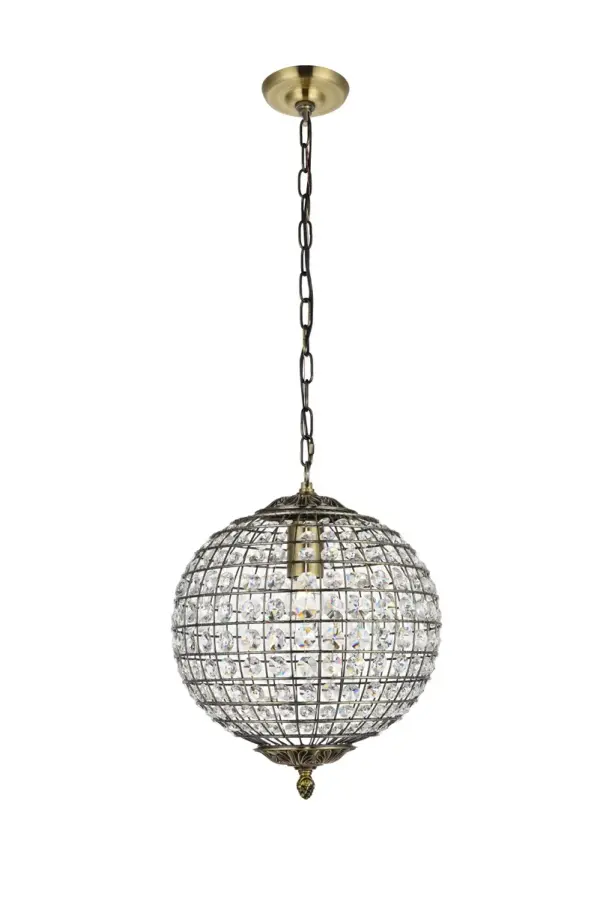 Brighten any room with this celestial globe of radiance, as overhead light bounces and dances off of dozens of octagonal Crystal prisms. The beautiful spherical pendants of the Earlene collection are shaped by latitudinal and longitudinal metal ribs supporting the multifaceted ornaments, capped above and below with bases featuring delicate folds of antique bronze and a distinctive lower finial. The 12-inch-diameter fixture is conveniently illuminated by a Single bulb (not included). Collection: Earlene Rooms: Kitchen, bars, entryway, office Finish: Antique Bronze Crystal: CLEAR Width: 12.00" Height: 15.00" Length: 12.00" Weight: 6.00 lb Chain: 59"Antique Bronze Wire: 79" Brown Canopy: 5.1"x1.3" Number of Bulbs: 1 Maximum Wattage: 40.00 W Bulb Type: A19 Bulb Base: E26 Dimmable Voltage: 120.00 V Material: Iron and Crystal Country of Origin: China Safety Listing: ETL Safety Rating: Dry Title 20 Title 24 Manufacturer Warranty: 1 year limited Spec Sheet