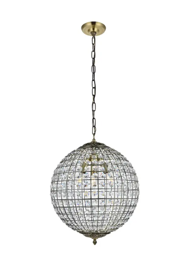 Brighten any room with this celestial globe of radiance, as overhead light bounces and dances off of dozens of octagonal Crystal prisms. The beautiful spherical pendants of the Earlene collection are shaped by latitudinal and longitudinal metal ribs supporting the multifaceted ornaments, capped above and below with bases featuring delicate folds of antique bronze and a distinctive lower finial. The 16-inch-diameter fixture is amply illuminated by three bulbs (not included). Collection: Earlene Rooms: Kitchen, bars, entryway, office Finish: Antique Bronze Crystal: CLEAR Width: 16.00" Height: 20.00" Length: 16.00" Weight: 11.00 lb Chain: 59"Antique Bronze Wire: 79" Brown Canopy: 5.1"x1.3" Number of Bulbs: 3 Maximum Wattage: 40.00 W Bulb Type: B10 Bulb Base: E12 Dimmable Voltage: 120.00 V Material: Iron and Crystal Country of Origin: China Safety Listing: ETL Safety Rating: Dry Title 20 Title 24 Manufacturer Warranty: 1 year limited Spec Sheet