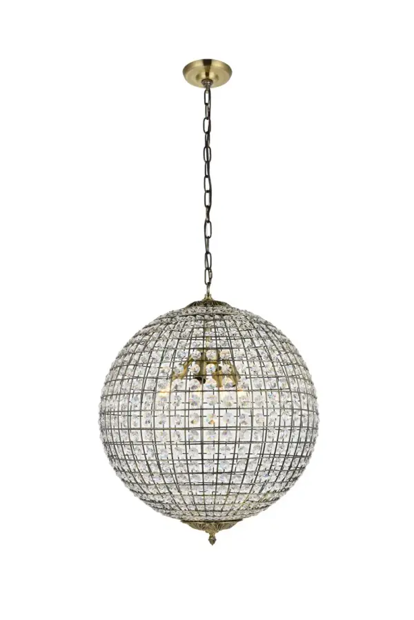Brighten any room with this celestial globe of radiance, as overhead light bounces and dances off of hundreds of octagonal Crystal prisms. The beautiful spherical chandeliers of the Earlene collection are shaped by latitudinal and longitudinal metal ribs supporting the multifaceted ornaments, capped above and below with bases featuring delicate folds of antique bronze and a distinctive lower finial. The 20-inch-diameter fixture is brilliantly illuminated by four bulbs (not included). Collection: Earlene Rooms: Kitchen, bars, entryway, office Finish: Antique Bronze Crystal: CLEAR Width: 20.00" Height: 24.50" Length: 20.00" Weight: 16.00 lb Chain: 59"Antique Bronze Wire: 79" Brown Canopy: 5.1"x1.3" Number of Bulbs: 4 Maximum Wattage: 40.00 W Bulb Type: B10 Bulb Base: E12 Dimmable Voltage: 120.00 V Material: Iron and Crystal Country of Origin: China Safety Listing: ETL Safety Rating: Dry Title 20 Title 24 Manufacturer Warranty: 1 year limited Spec Sheet