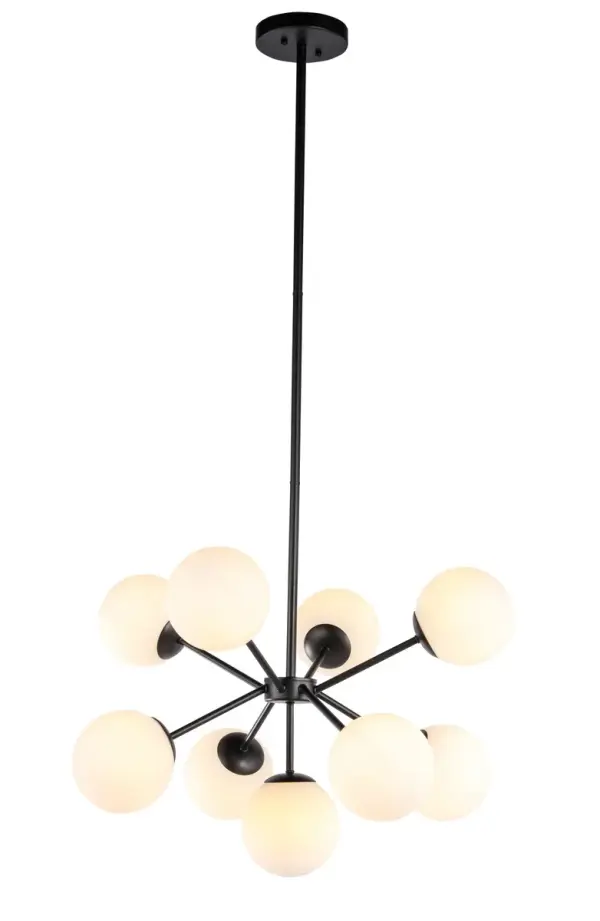 Explore the unknown and fly into space with the Jupiter Collection ceiling pendant. As if witnessing the beauty of the stars and moons that surround the magnificence of Jupiter, you will look on in adoration at this fixture. With nine bulbs that point in every direction, illumination will be shone around the room. Available in a black finish with frosted white shades, you will wonder if you're truly at home or traversing the great cosmos (light bulbs not included). Collection: Jupiter Rooms: living room, dining room, ktichen, bar Finish: Black and Frosted white glass Glass: Frosted White Width: 26.40" Height: 20.00" Length: 26.40" Weight: 10.00 lb Chain: 46`` Wire: 59" Black Rod: L6"+L12"+L12"+L16" Canopy: 6"x1" Number of Bulbs: 9 Maximum Wattage: 60.00 W Bulb Type: E26 Bulb Base: E26 Dimmable Voltage: 120.00 V Material: Iron and Glass Country of Origin: China Safety Listing: ETL Safety Rating: DRY Title 20 Title 24 Manufacturer Warranty: 1 year limited Spec Sheet