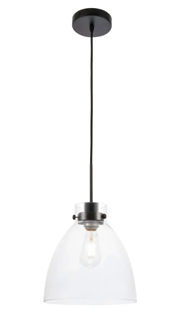 The Frey Collection pendant lamp is contemporary and the perfect lighting fixture in any home. Its urban-style design will create a contemporary aesthetic and the light can illuminate any room in your home, whether its your dining room, living room, or entry way. Available in a black finish with a round hemispherical shade, brighten your home with light and contemporary style (light bulbs not included). Collection: Frey Rooms: living room, dining room, ktichen, bar Finish: Black and Clear glass Glass: Clear Width: 10.50" Height: 15.60" Length: 10.50" Weight: 5.00 lb Chain: 59`` Wire: 59" Black Canopy: 4.7"x1" Number of Bulbs: 1 Maximum Wattage: 60.00 W Bulb Type: E26 Bulb Base: E26 Dimmable Voltage: 120.00 V Material: Iron and Glass Country of Origin: China Safety Listing: ETL Safety Rating: DRY Title 20 Title 24 Manufacturer Warranty: 1 year limited Spec Sheet