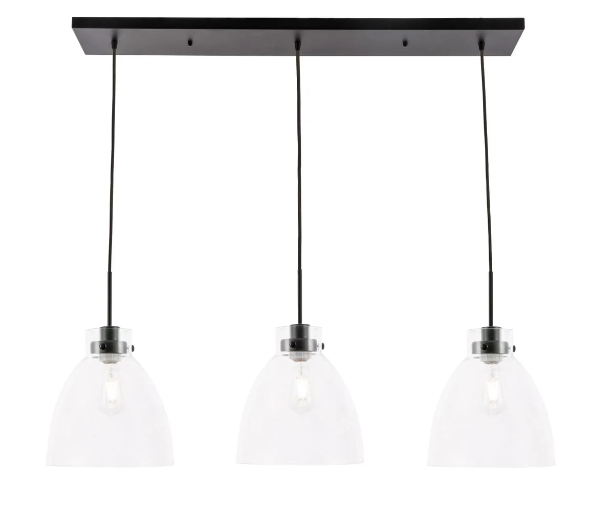 Frey Three Light Pendant in Black and Clear glass