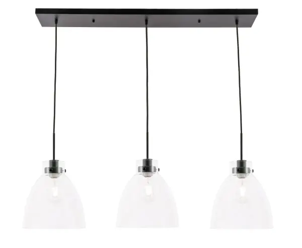 The Frey Collection pendant lamp is contemporary and the perfect lighting fixture in any home. Its urban-style design will create a contemporary aesthetic and the light can illuminate any room in your home, whether its your dining room, living room, or entry way. The three lights hang suspended from a canopy, ensuring that no corner will be left in shadow. Available in a black finish with a round hemispherical shade, brighten your home with light and contemporary style (light bulbs not included). Collection: Frey Rooms: living room, dining room, ktichen, bar Finish: Black and Clear glass Glass: Clear Width: 10.50" Height: 15.60" Length: 42.80" Weight: 16.00 lb Chain: 79`` Wire: 79" Black Canopy: 5.9"x1"x38.6" Number of Bulbs: 3 Maximum Wattage: 60.00 W Bulb Type: Filament Bulb Base: E26 Dimmable Voltage: 120.00 V Material: Iron and Glass Country of Origin: China Safety Listing: ETL Safety Rating: DRY Title 20 Title 24 Manufacturer Warranty: 1 year limited Spec Sheet