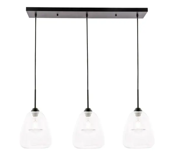 The Kason Collection pendant lamp is contemporary and the perfect lighting fixture in any home. Its urban-style design will create a contemporary aesthetic and the light can illuminate any room in your home, whether its your dining room, living room, or entry way. The three lights hang suspended from a canopy, ensuring that no corner will be left in shadow. Available in a black finish with a hemispherical shade, brighten your home with light and contemporary style (light bulbs not included). Collection: Kason Rooms: living room, dining room, ktichen, bar Finish: Black and Clear glass Glass: Clear Width: 8.20" Height: 15.30" Length: 35.70" Weight: 14.00 lb Chain: 79`` Wire: 79" Black Canopy: 5.9"x1"x32" Number of Bulbs: 3 Maximum Wattage: 60.00 W Bulb Type: Filament Bulb Base: E26 Dimmable Voltage: 120.00 V Material: Iron and Glass Country of Origin: China Safety Listing: ETL Safety Rating: DRY Title 20 Title 24 Manufacturer Warranty: 1 year limited Spec Sheet