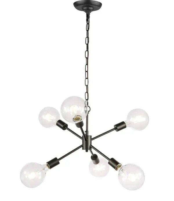 The Nolan collection pendant lamp illuminates in all directions, creating a wonderful display of artistic style and brilliance. If your home was a modern art exhibit, then you have curated the best possible piece of art--also known as the Nolan pendant lamp. With six lights pointing in different directions, and the black or brass finish gleaming in modern beauty, you won't have to worry about being "up to date" because you already are (light bulbs not included). Collection: Nolan Rooms: living room, dining room, ktichen, bar Finish: Black Width: 16.00" Height: 13.20" Length: 16.00" Weight: 4.00 lb Chain: 59"Black Wire: 79" Black Canopy: 5.1"x1.3" Number of Bulbs: 6 Maximum Wattage: 60.00 W Bulb Type: E26 Bulb Base: E26 Dimmable Voltage: 120.00 V Material: Iron Country of Origin: China Safety Listing: ETL Safety Rating: DRY Title 20 Title 24 Manufacturer Warranty: 1 year limited Spec Sheet