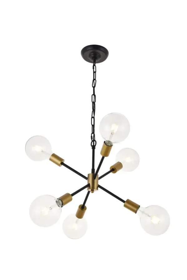 The Nolan collection pendant lamp illuminates in all directions, creating a wonderful display of artistic style and brilliance. If your home was a modern art exhibit, then you have curated the best possible piece of art--also known as the Nolan pendant lamp. With six lights pointing in different directions, and the two-toned matte black and brass finish gleaming in modern beauty, you won't have to worry about being "up-to-date" because you already are (light bulbs not included). Collection: Nolan Rooms: living room, dining room, entry way, kitchen, bar Finish: Matte black Width: 16.00" Height: 13.20" Length: 16.00" Weight: 4.00 lb Chain: 79"BLACK Wire: 79" BLACK Canopy: 5.1"x1.3" Number of Bulbs: 6 Maximum Wattage: 40.00 W Bulb Type: E26 Bulb Base: E26 Dimmable Voltage: 120.00 V Material: IRON Country of Origin: China Safety Listing: ETL Safety Rating: Dry Title 20 Title 24 Manufacturer Warranty: 1 year limited Spec Sheet