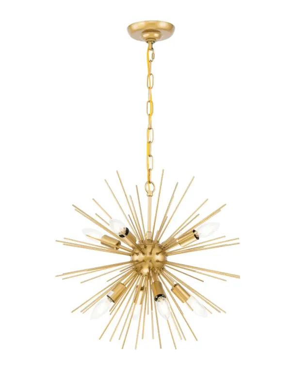 The Timber Collection of pendant lamps sure know how to make a statement! The 8 bulbs are mingle closely with the extruding rods, creating a game of hide-and-seek. But luckily for you, the lights are will always shine and ensure that your rooms will be both illuminated grandly and with confident style. Available in a brass, champagne, and two-toned brass and black finish, hang this fixture in your dining room, living room, foyer (light bulbs not included). Collection: Timber Rooms: living room, dining room, ktichen, bar Finish: Brass Width: 20.00" Height: 18.10" Length: 20.00" Weight: 8.00 lb Chain: 59"Brass Wire: 79" Gold Canopy: 5.1"x1.3" Number of Bulbs: 8 Maximum Wattage: 40.00 W Bulb Type: B10 Bulb Base: E12 Dimmable Voltage: 120.00 V Material: Iron Country of Origin: China Safety Listing: ETL Safety Rating: DRY Title 20 Title 24 Manufacturer Warranty: 1 year limited