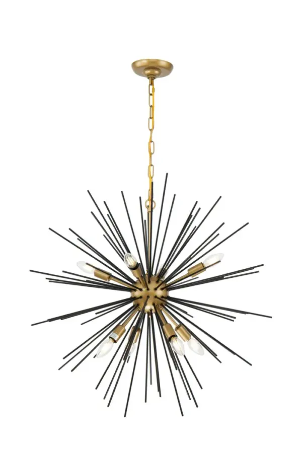 The Timber Collection of pendant lamps sure know how to make a statement! The 8 bulbs are mingle closely with the extruding rods, creating a game of hide-and-seek. But luckily for you, the lights are will always shine and ensure that your rooms will be both illuminated grandly and with confident style. Available in a brass, champagne, and two-toned brass and black finish, hang this fixture in your dining room, living room, foyer (light bulbs not included). Collection: Timber Rooms: living room, dining room, ktichen, bar Finish: Brass and Black Width: 30.00" Height: 29.00" Length: 30.00" Weight: 12.00 lb Chain: 59"Brass Wire: 79" Gold Canopy: 5.1"x1.3" Number of Bulbs: 8 Maximum Wattage: 40.00 W Bulb Type: B10 Bulb Base: E12 Dimmable Voltage: 120.00 V Material: Iron Country of Origin: China Safety Listing: ETL Safety Rating: DRY Title 20 Title 24 Manufacturer Warranty: 1 year limited Spec Sheet