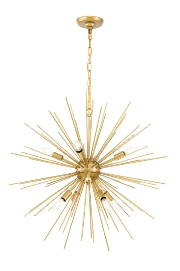 The Timber Collection of pendant lamps sure know how to make a statement! The 8 bulbs are mingle closely with the extruding rods, creating a game of hide-and-seek. But luckily for you, the lights are will always shine and ensure that your rooms will be both illuminated grandly and with confident style. Available in a brass, champagne, and two-toned brass and black finish, hang this fixture in your dining room, living room, foyer (light bulbs not included). Collection: Timber Rooms: living room, dining room, ktichen, bar Finish: Brass Width: 30.00" Height: 29.00" Length: 30.00" Weight: 12.00 lb Chain: 59"Brass Wire: 79" Gold Canopy: 5.1"x1.3" Number of Bulbs: 8 Maximum Wattage: 40.00 W Bulb Type: B10 Bulb Base: E12 Dimmable Voltage: 120.00 V Material: Iron Country of Origin: China Safety Listing: ETL Safety Rating: DRY Title 20 Title 24 Manufacturer Warranty: 1 year limited Spec Sheet