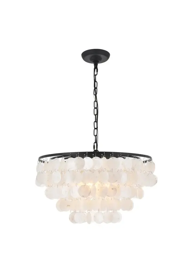 The gentleness of the Selene collection pendant lamp in a black finish elicits the calm temperament of the moon and the coy-- yet soothing, light it emits. Weaving through the myriad of the draped shell curtains, the illumination creates a new design every time, whether it is the shadows and highlights that changes with the direction of the light, just as the moon goes through its phases, or the shadows casted with every slight movement of the white shells. A wonderful addition to any home--foyer, living room, or a child's room. Collection: Selene Rooms: living room, kitchen, office, hallway Finish: Black and White Width: 20.00" Height: 13.10" Length: 20.00" Weight: 8.00 lb Chain: 59"Black Wire: 79" BLACK Canopy: 5.1"x1.3" Number of Bulbs: 4 Maximum Wattage: 40.00 W Bulb Type: B10 Bulb Base: E12 Dimmable Voltage: 120.00 V Material: iron and Shell Country of Origin: China Safety Listing: ETL Safety Rating: Dry Title 20 Title 24 Manufacturer Warranty: 1 year limited Spec Sheet
